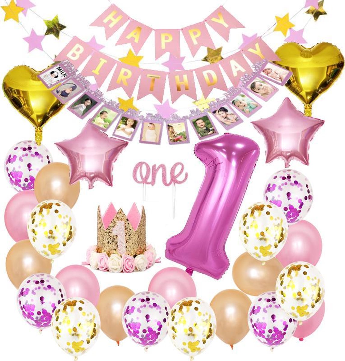 Joya Beauty® 1 Jaar Verjaardag Versiering Set Roze | Baby | 1ste Verjaardagskroon | Happy Birthday Slinger Ballonnen | Meisje
